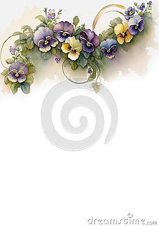 Generative AI. Watercolor pansies and leaves on white background - vertical botanical design banner. Floral pastel watercolor, Stock Photo