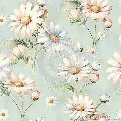 Generative AI. Watercolor pattern, daisoes on bright mint background. Floral nature print on white background for spring, summer Stock Photo