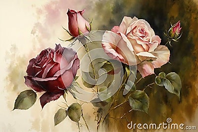 Generative AI. Watercolor Roses composition bouquet in romantic style Stock Photo