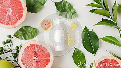 Generative AI White empty podium for display cosmetic product of natural essential oils extract Fresh pink pomelo Stock Photo
