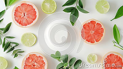 Generative AI White empty podium for display cosmetic product of natural essential oils extract Fresh pink pomelo Stock Photo