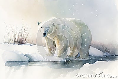 Generative AI. White Polar Bear watercolor illustration. Sketch of mammal animal in pastel colors. Northern fauna for zoology Cartoon Illustration