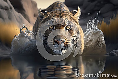 Generative AI. Wild adult bengal female tiger or panthera tigris tigris iwalking through the water Stock Photo