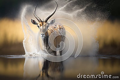 Generative AI. Wild adult male blackbuck or antilope cervicapra or indian antelope walks through the water Stock Photo