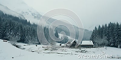 Generative AI, Winter aesthetic landscape with house panorama Stock Photo
