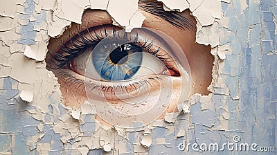 Generative AI, Woman eye looking through a torn hole in vintage paper, blue and beige colors mural. Stock Photo