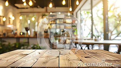Generative AI Wooden board empty Table Top And Blur Interior over blur in coffee shop Background Mock up for displ Stock Photo