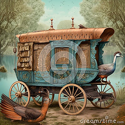 Generative AI: wooden carriage ormament with flowers Stock Photo