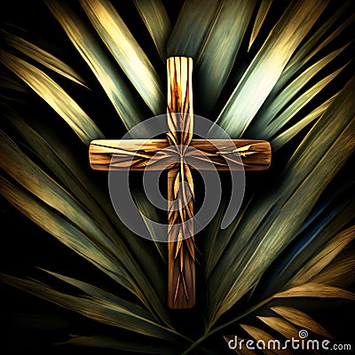 Generative AI Wooden cross with palm leaves Stock Photo