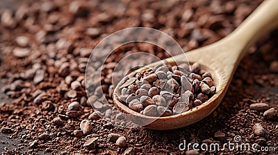Generative AI Wooden spoon on a crushed raw cocoa beans nibs background Copy space Top view business concept. Stock Photo