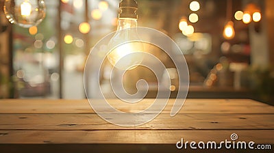 Generative AI Wooden table top on blurred shop window of cafe with light bulb Background for product display monta Stock Photo