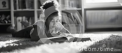 Generative AI. Young Girl Engrossed in Reading a Book on a Sunny Afternoon Inside Her Home. Copy space Stock Photo