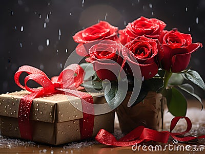 Generative IA. Romantic roses and gift perfect for Valentine's day Stock Photo