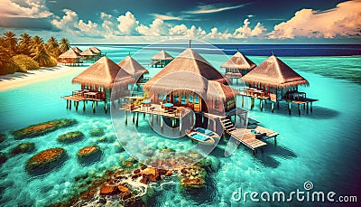 Generative image of a aerial view of the traditional huts surrounded by blue sea water at sunset Stock Photo