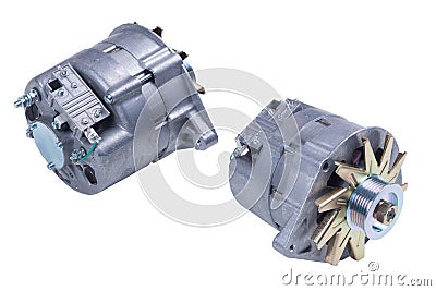 The generator. Image of a car generator, front and back, isolated on a white background. The kit includes a patch for trimming Stock Photo