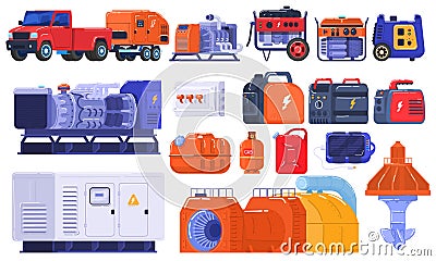 Generators set of energy generating portable electrical equipment, machines petrol fuel industrial engine isolated on Vector Illustration