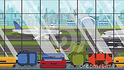 Illustration of a generic airport, view to baggage carousel and planes on airfield Stock Photo