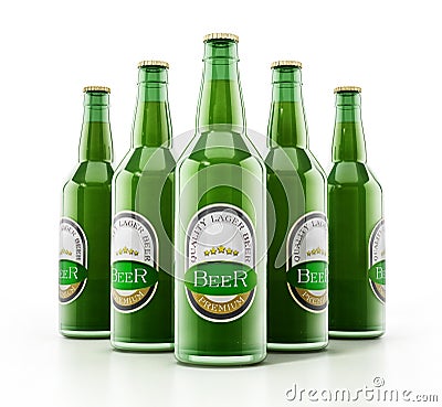 Generic beer bottles isolated on white background. 3D illustration Cartoon Illustration