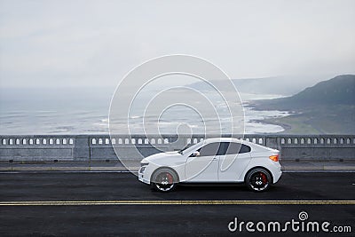 Generic and brandless SUV car on the road with mountain, 3d render Stock Photo