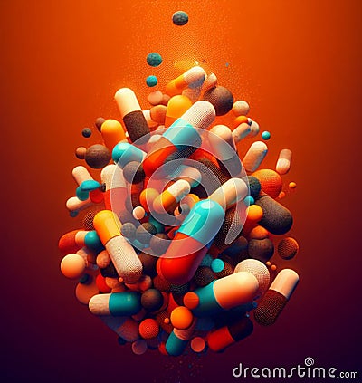 generic colourful capsules pills medicines prescriptions and supplements on dark orange background Stock Photo