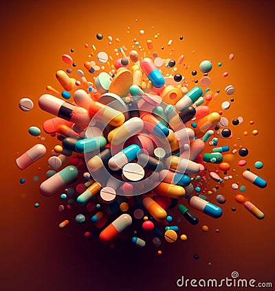 generic colourful capsules pills medicines prescriptions and supplements on dark orange background Stock Photo