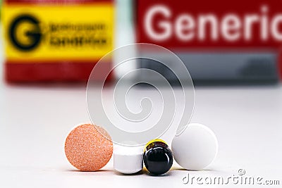 Generic drug pills, federally aided patent-infringing drugs Stock Photo