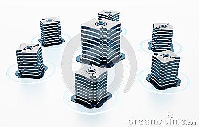 Generic futuristic network servers connected to each other. 3D illustration Cartoon Illustration