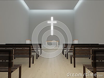 Generic modern church interior 3d rendering, large glowing christian cross. Cartoon Illustration