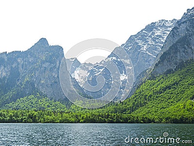 generic mountain landscape with lake and forest over white sky Stock Photo