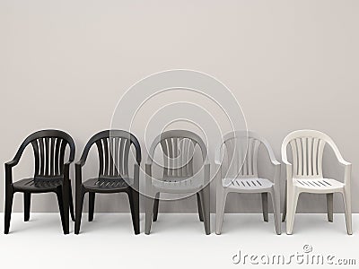 Generic plastic chairs going from black to white Stock Photo