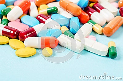 Generic prescription medicine drugs pills and assorted pharmaceutical tablets. Stock Photo