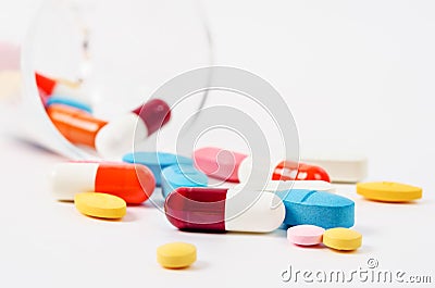 Generic prescription medicine drugs pills and assorted pharmaceutical tablets. Stock Photo