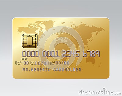 Generic realistic plastic golden credit card with chip. Cartoon Illustration