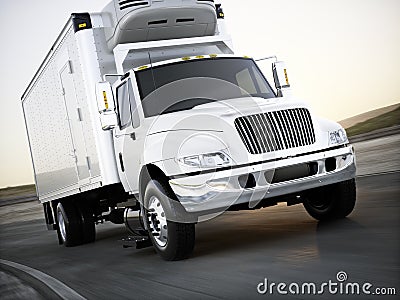Generic refrigerated cargo truck hauling goods down the road with motion blur. Stock Photo