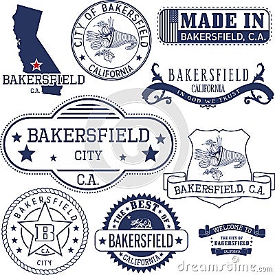 Generic stamps and signs of Bakersfield city, CA Vector Illustration