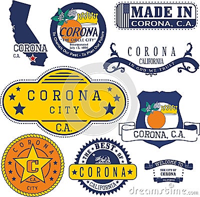 Generic stamps and signs of Corona, CA Vector Illustration