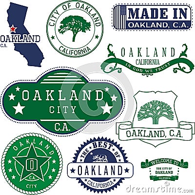 Generic stamps and signs of Oakland city, CA Vector Illustration