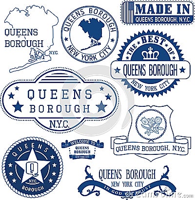 Generic stamps and signs of Queens borough, NYC Vector Illustration