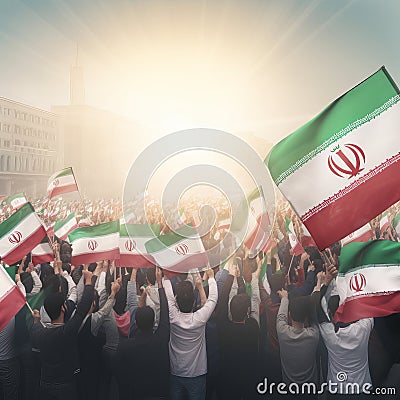 Generic unrecognizable crowds cheering or demonstrating with waving Iranian flags in Tehran of Iran. Digitally generated rendering Stock Photo