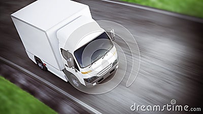 Generic white industrial transport truck traveling down the road with motion blur. Room for text or copy space. Stock Photo