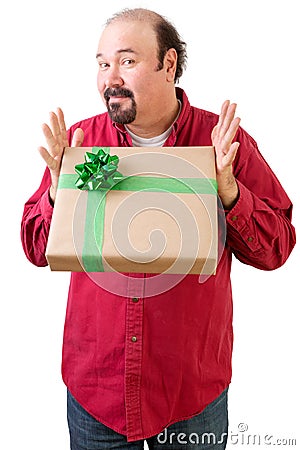 Generous balding man giving or receiving present Stock Photo