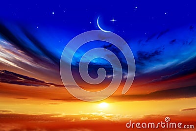 Generous Ramadan . New moon. Prayer time. Stock Photo