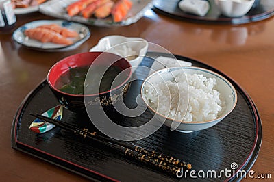 Generous Rice bowl with Japanese seaweed miso soup for the breakfast Stock Photo