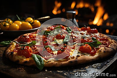 Generous slice of artisanal pizza, covered with melted cheese and fresh ingredients., generative IA Stock Photo