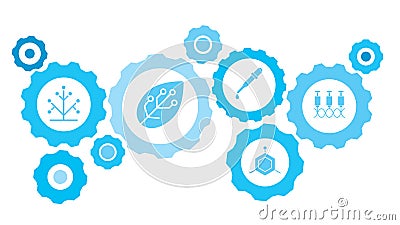 Genes, syringe gear blue icon set. Connected gears and vector icons for logistic, service, shipping, distribution, transport, Stock Photo