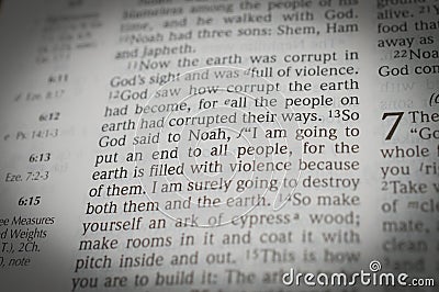 Genesis 6:13 So God said to Noah, I am going to end all people, for the earth is filled with violence because of them. Stock Photo
