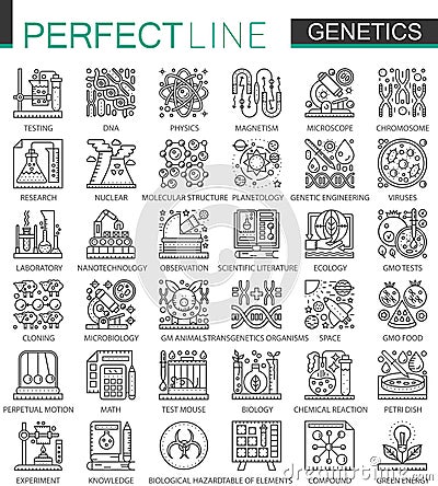 Genetic Engineering and biochemistry outline mini concept symbols. Modern stroke linear style illustrations set. Perfect Vector Illustration