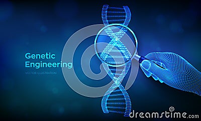 Genetic engineering concept with magnifier in hand and DNA sequence. Wireframe DNA molecules structure mesh. DNA code Vector Illustration
