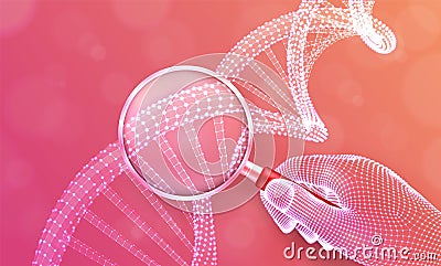 Genetic engineering concept with magnifier in hand and DNA sequence. Wireframe DNA molecules structure mesh. DNA code editable Cartoon Illustration