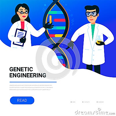 Genetic engineering concept. Scientists working in nanotechnology or biochemistry laboratory. Molecule helix of dna Vector Illustration